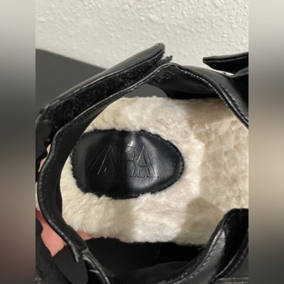 Zara Faux Leather Sherpa Buckle Sandals Chic Cozy Neutral Chunky Black White - Picture 9 of 12